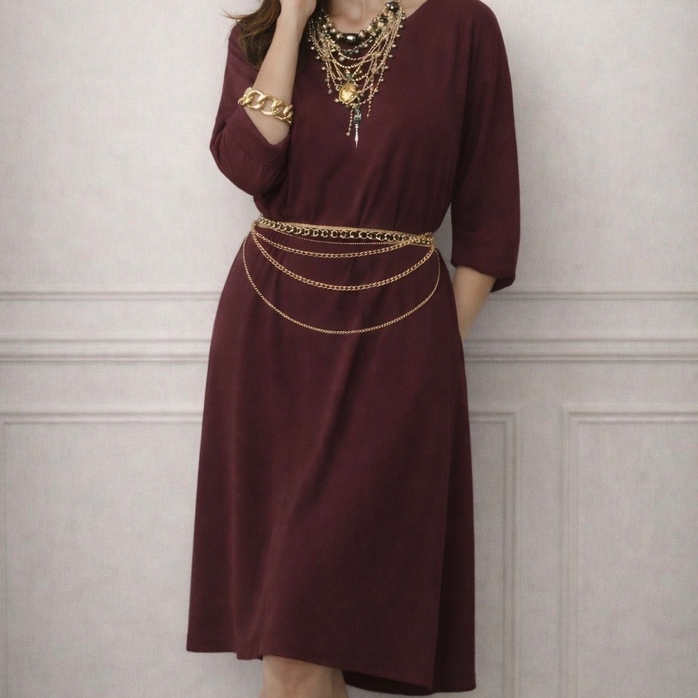 NWT Minimalist Clean Girl Burgundy Midi Shift Dress 1X Relaxed Tunic 3/4 Sleeve